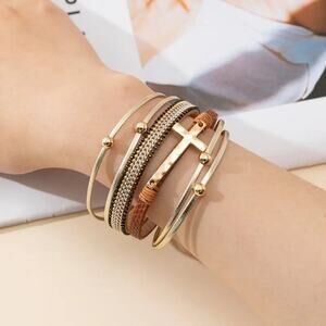 NEW Gold & Brown Layered Faux Leather Braided Bracelet with Cross Charm, BOHO